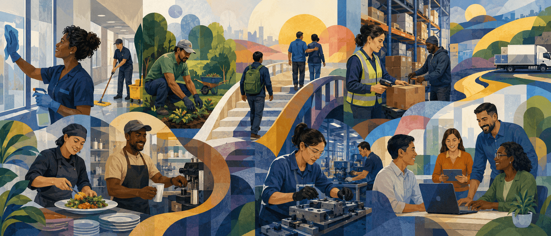Illustration of workers across cleaning, landscaping, food service, warehouse, manufacturing, and office settings.